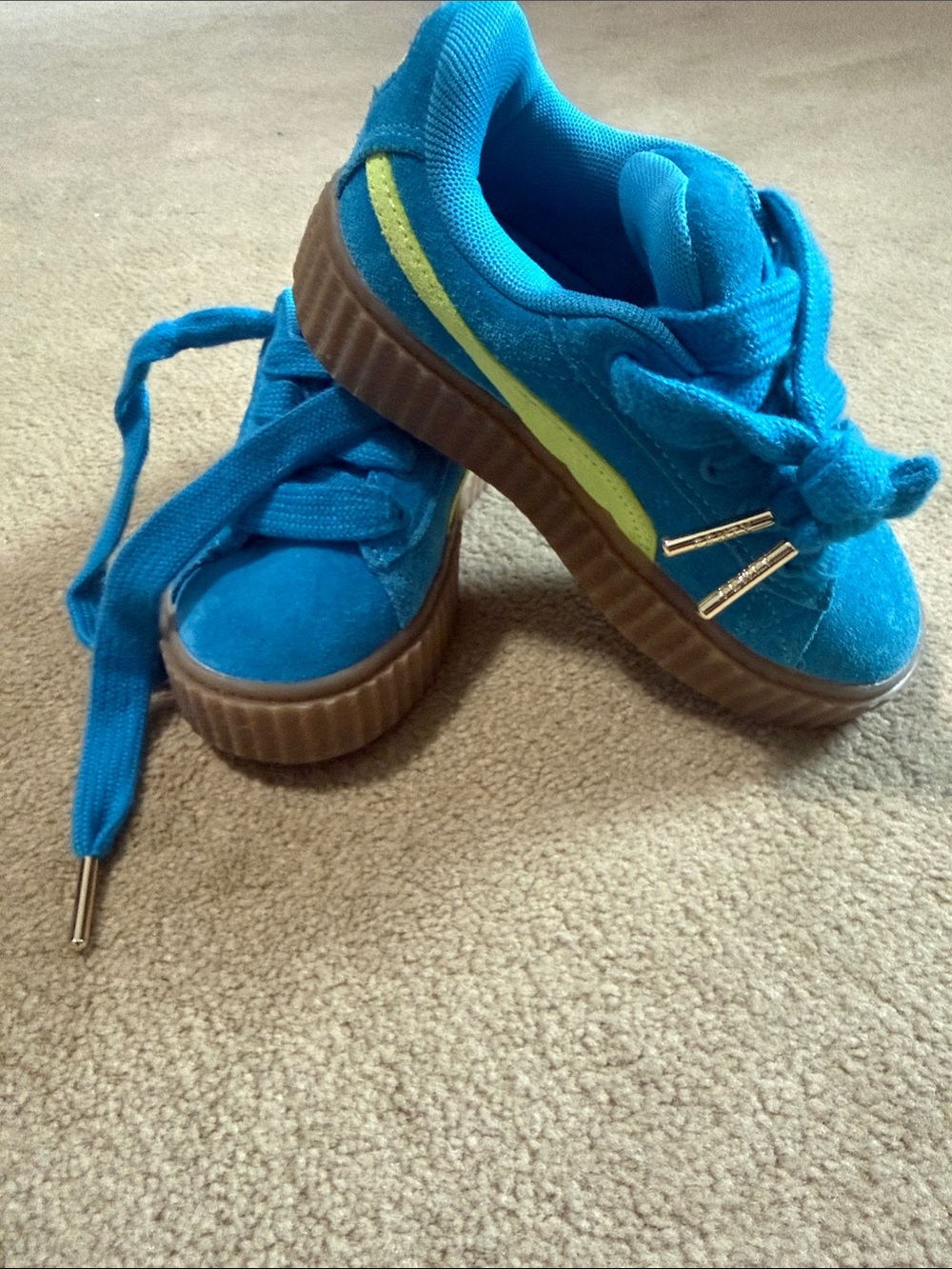 Kids Bright Blue Suede Platform Sneakers with Yellow Accent